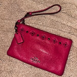 Coach Hot Pink Pebbled Leather Wristlet Wallet Clutch with Flower Cutouts